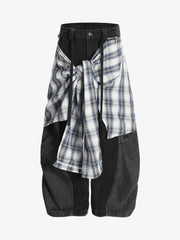 Faux Two-piece Plaid Detachable Scimitar Jeans - 2435