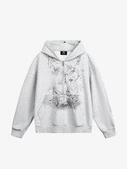 Detachable Fur Collar Half-zip Printed Hooded Cardigan Sweatshirt