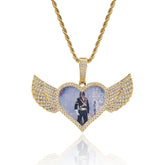 Men's Heart Wings Photo Frame Diamond Pendant Necklace