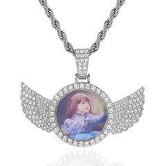 Men's Angel Wings Photo Frame Pendant Zircon Necklace