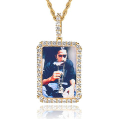 Men's Square Photo Frame Pendant Zircon Necklace