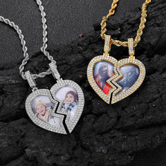 Men's Magnet Heart Photo Frame Pendant Zircon Necklace