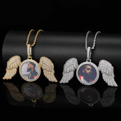 Men's Large Angel Wings Round Frame Pendant Necklace