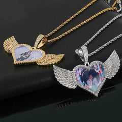 Men's Heart Wings Photo Frame Diamond Pendant Necklace