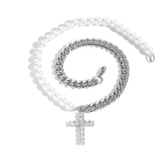 Women's Mixed Pearl Cross Pendant Necklace #ZZ002