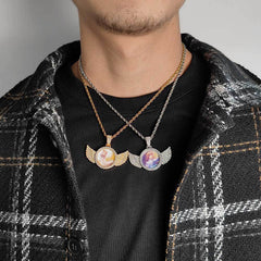 Men's Angel Wings Photo Frame Pendant Zircon Necklace