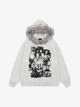 Retro Collar Print Zip-Up Fur Hooded Sweatshirt