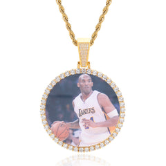Men's Round Photo Frame Pendant Zirconia Necklace