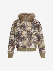 Skull Camouflage Fur Collar Hot Diamond Hooded Jacket