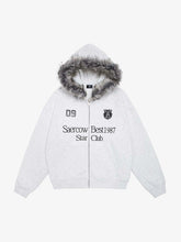 Letter Medal Embroidered Cardigan Fur Collar Hooded Sweatshirt