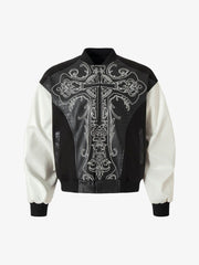 Gothic Cross Embroidery Crocodile Leather Bomber Jacket