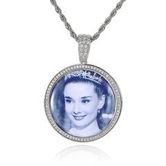 Men's Side Diamond Round Photo Pendant Necklace
