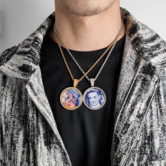 Men's Side Diamond Round Photo Pendant Necklace