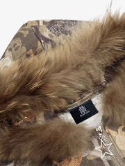Skull Camouflage Fur Collar Hot Diamond Hooded Jacket