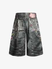 Vintage Printed Washed Denim Shorts