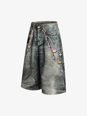 Vintage Printed Washed Denim Shorts