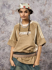Suede Contrast Color Spliced Letter Embroidery Oversize T-shirt - 2462